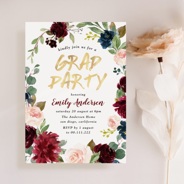 Invitation Burgundy floral brush script fête de graduation (Créateur téléchargé)