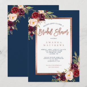 Invitation Burgundy Floral Cuivre Marine Bleu Fête des mariée