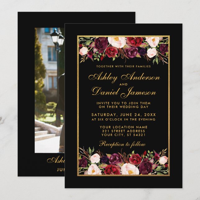 Invitation Burgundy Floral Elegant Black Gold Photo Mariage (Devant / Derrière)