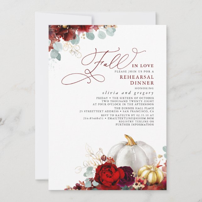 Invitation Burgundy Floral Fall In Love Dîner De Répétition (Devant)