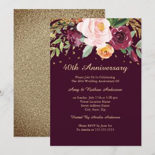 Invitation Burgundy Floral Glitter 40e Anniversaire de Mariag