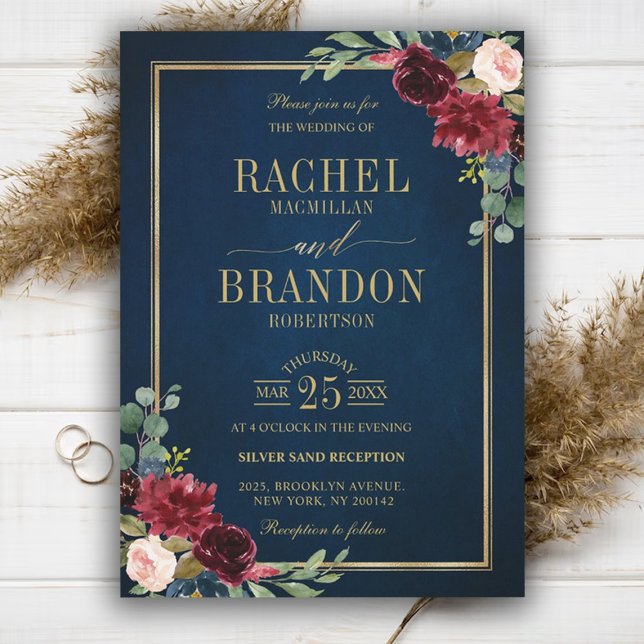 Invitation Burgundy Floral Gold Navy Bleu Russe Mariage (Créateur téléchargé)