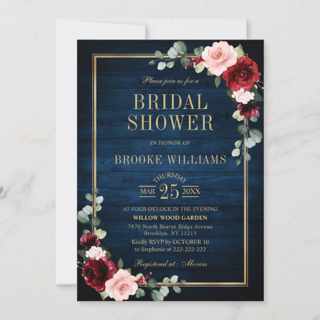 Invitation Burgundy Floral Gold Navy Blue Fête des mariées In (Devant)