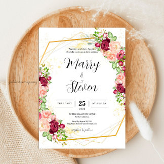 Invitation Burgundy Floral Gold Polygonal Geometric Wedding