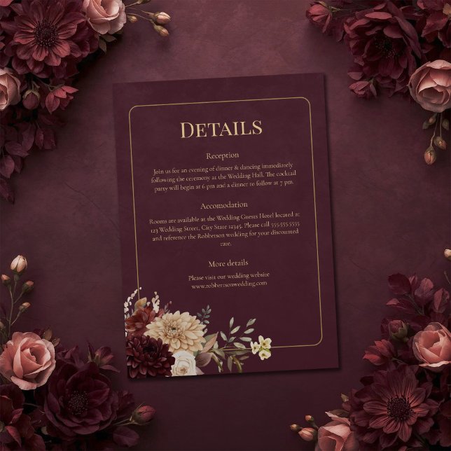 Invitation Burgundy Floral Gothic Wedding Details Card (Burgundy Floral Gothic Wedding Details Card on a burgundy witchy wedding table with flowers)
