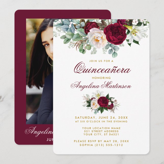 Invitation Burgundy Floral Greenery Gold Quinceanera Photo (Devant / Derrière)