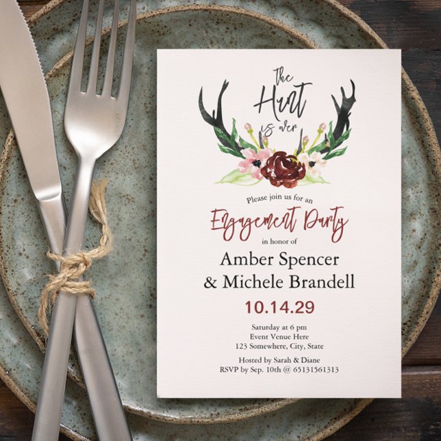 Invitation © Burgundy Floral Hunt Over Engagement Party (Créateur téléchargé)