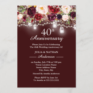 Invitation Burgundy Floral Lights 40e Anniversaire de Mariage