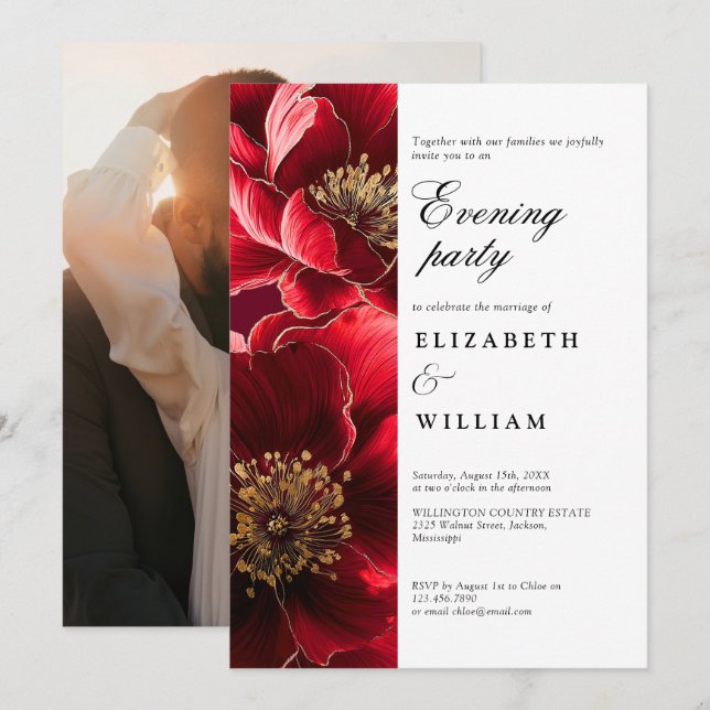 Invitation Burgundy Floral Mariage soirée photo (Devant / Derrière)