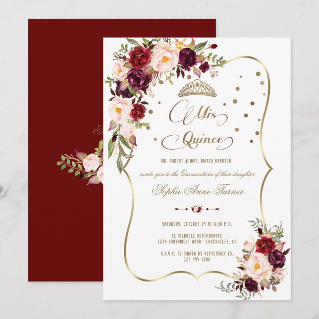 Invitation Burgundy Floral Mis Quince Script Quinceañera (Devant / Derrière)