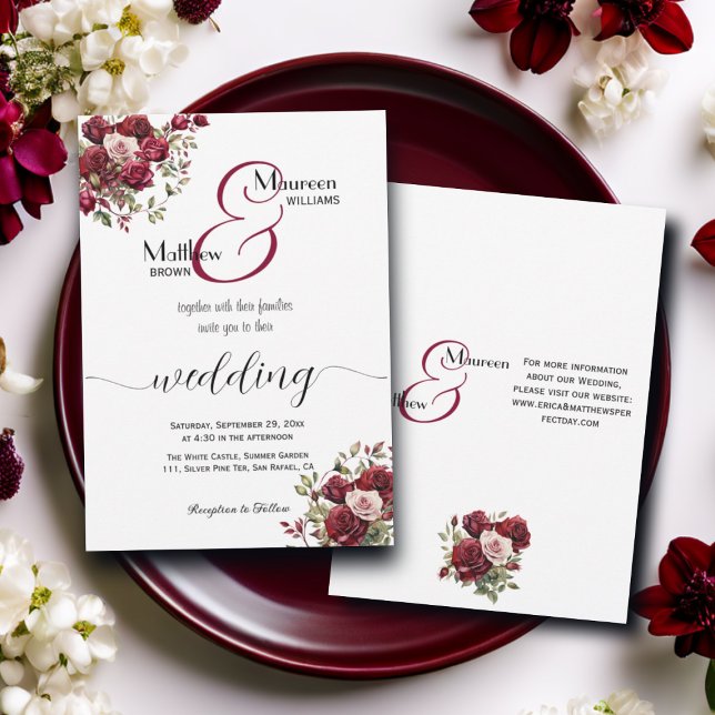 Invitation Burgundy Floral moderne Script et détails Mariage (Créateur téléchargé)