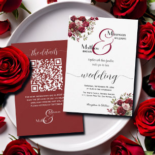 Invitation Burgundy Floral Moderne Script QR Code Mariage