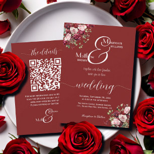 Invitation Burgundy Floral Moderne Script QR Code Mariage