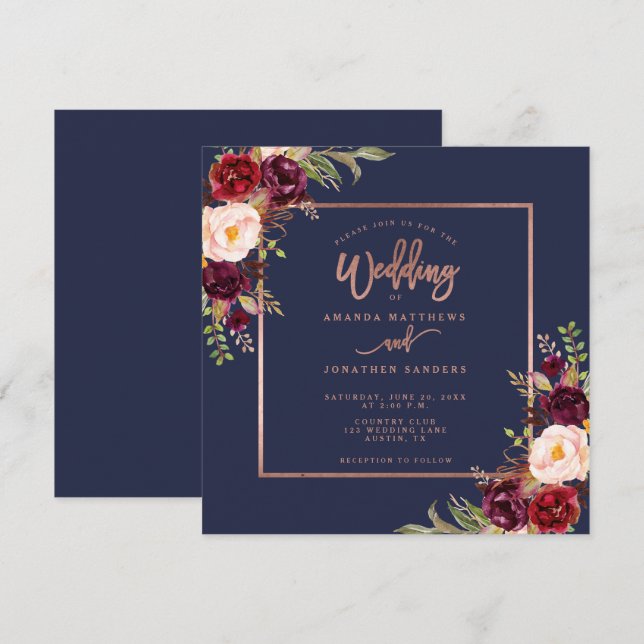 Invitation Burgundy Floral Navy Blue Rose Gold Script Mariage (Devant / Derrière)