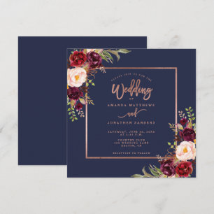 Invitation Burgundy Floral Navy Blue Rose Gold Script Mariage