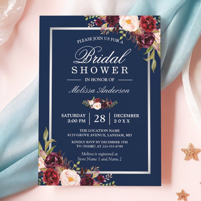 Invitation Burgundy Floral Navy Blue Winter Fête des mariées (Créateur téléchargé)