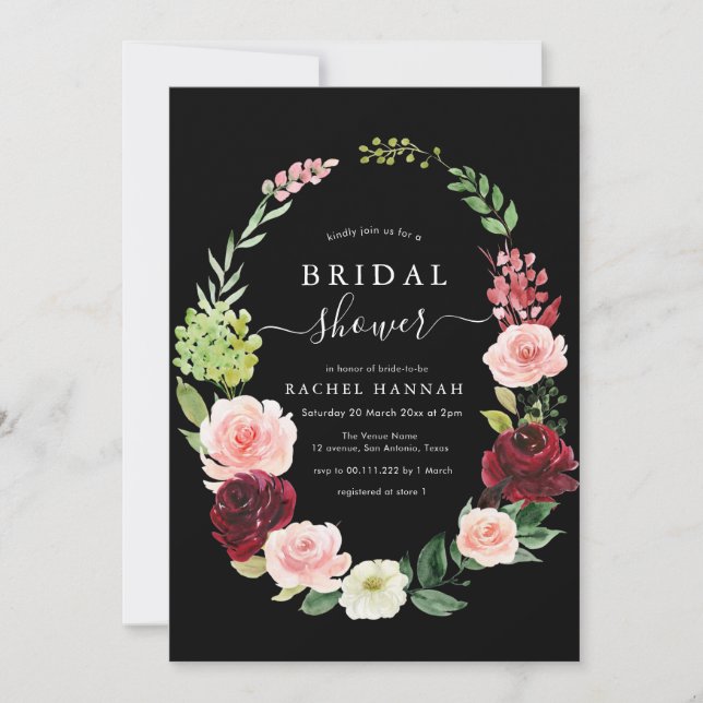 Invitation burgundy floral noir brun douche (Devant)
