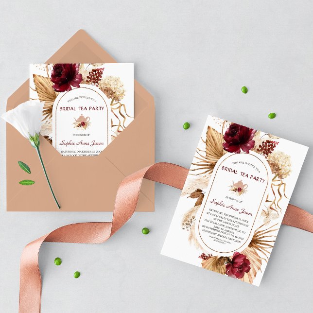 Invitation Burgundy Floral Pampas Grass Bridal Teed Party (Créateur téléchargé)