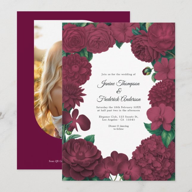 Invitation Burgundy Floral Photo and QR Code Wedding (Devant / Derrière)