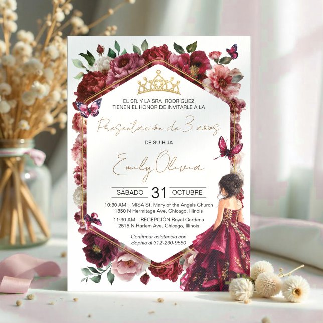 Invitation Burgundy Floral Presentación de 3 años (Créateur téléchargé)