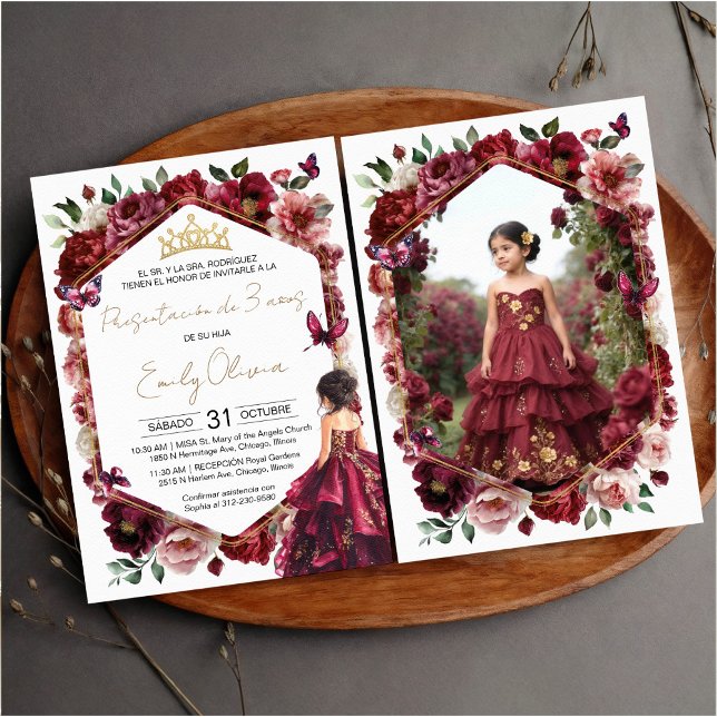 Invitation Burgundy Floral Presentación de 3 años Photo (Créateur téléchargé)