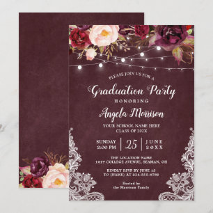 Invitation Burgundy Floral String Light Lace Graduation Party