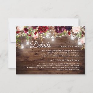 Invitation Burgundy Floral String Lights Mariage Détails Cart