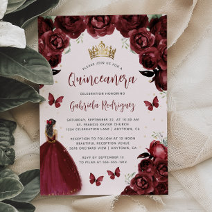 Invitation Burgundy Floral Watercolor Princess Quinceañera