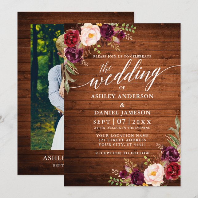 Invitation Burgundy Floral Wood Calligraphy Mariage photo (Devant / Derrière)