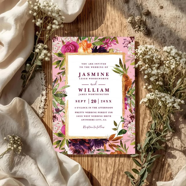 Invitation Burgundy Flower Boho Rustic QR Code Wedding (Créateur téléchargé)