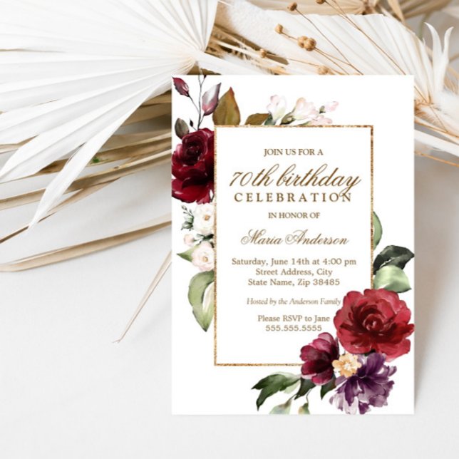 Invitation Burgundy Flowers Gold Border 70e fête d'anniversai (Créateur téléchargé)