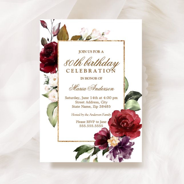 Invitation Burgundy Flowers Gold Border 80e fête d'anniversai (Créateur téléchargé)