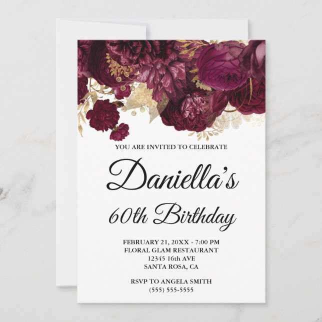 Invitation Burgundy Flowers Gold Foil 60e anniversaire (Devant)