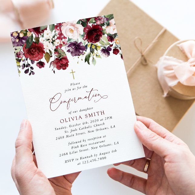 Invitation Burgundy Flowers, Pink Flowers, Boho, Confirmation (Créateur téléchargé)