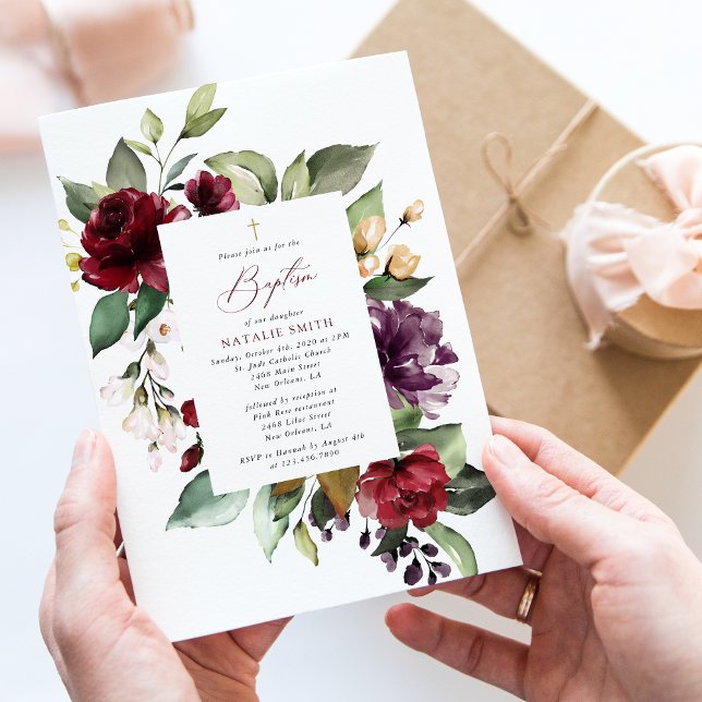 Invitation Burgundy Flowers, Pink Flowers, Floral Baptism (Créateur téléchargé)