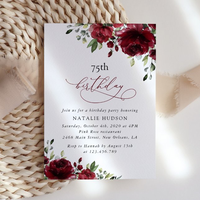 Invitation Burgundy Flowers, Red Flowers, Greenery, Birthday (Créateur téléchargé)
