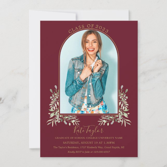 Invitation Burgundy Foliage Gold Arch Photo Graduation Party (Devant)