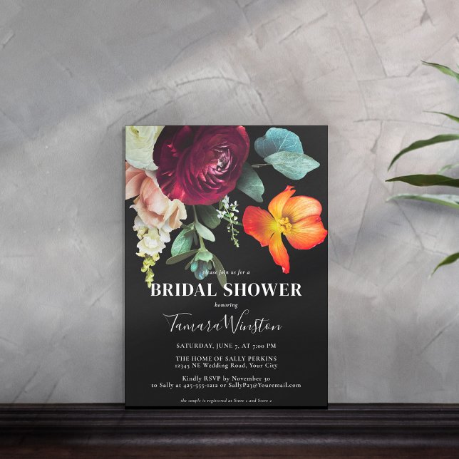 Invitation Burgundy foncée Orange Blush Floral Black Douche (Créateur téléchargé)