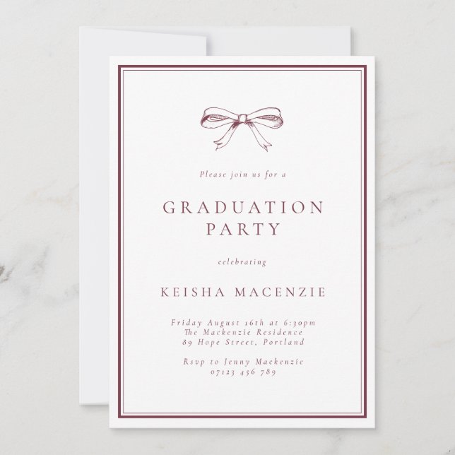 Invitation Burgundy Formal Bow Photo Graduation Party (Devant)