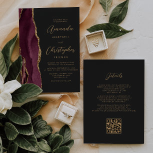 Invitation Burgundy Gold Agate Dark QR Code Mariage