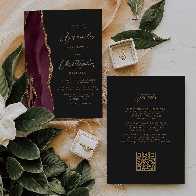 Invitation Burgundy Gold Agate Dark QR Code Mariage (Créateur téléchargé)