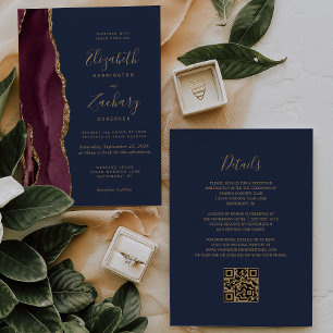 Invitation Burgundy Gold Agate Marine Blue QR Code Mariage