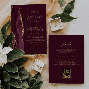 Invitation Burgundy Gold Agate QR Code Mariage