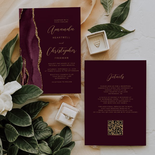 Invitation Burgundy Gold Agate QR Code Mariage (Créateur téléchargé)