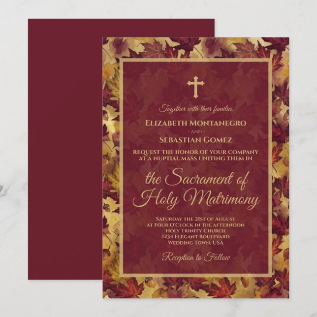 Invitation Burgundy & Gold Autumn Leaves Catholic Wedding (Devant / Derrière)