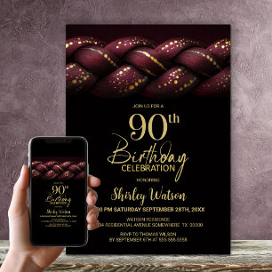 Invitation Burgundy Gold Braid 90e fête d'anniversaire