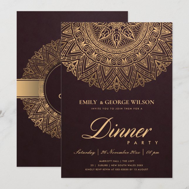 INVITATION BURGUNDY GOLD CLASSIC ORNATE MANDALA DÎNER PARTIE (Devant / Derrière)