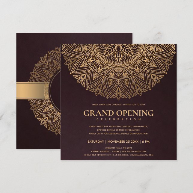 INVITATION BURGUNDY GOLD CLASSIC ORNATE MANDALA GRAND OUVERTU (Devant / Derrière)