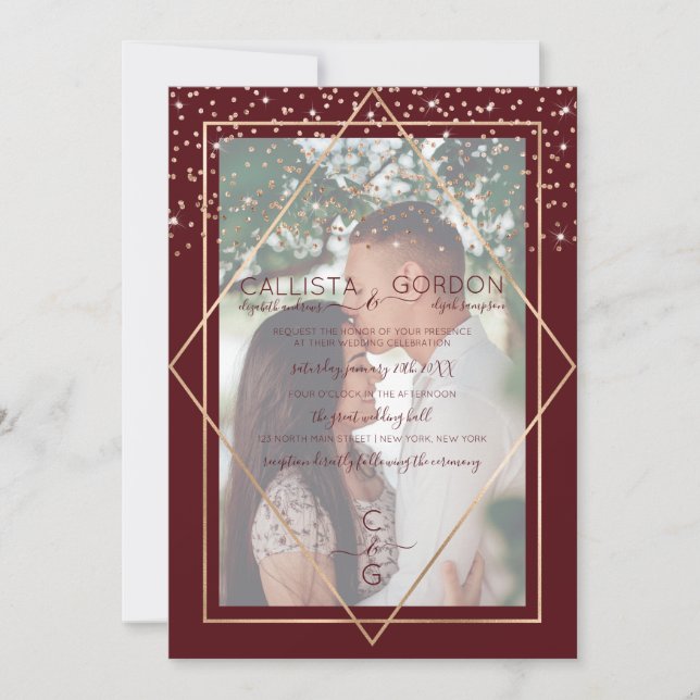 Invitation Burgundy Gold Confetti Geo Mariage photo frontière (Devant)