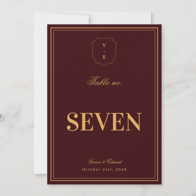 Invitation Burgundy Gold Crest Monogram Wedding Table Number (Devant)